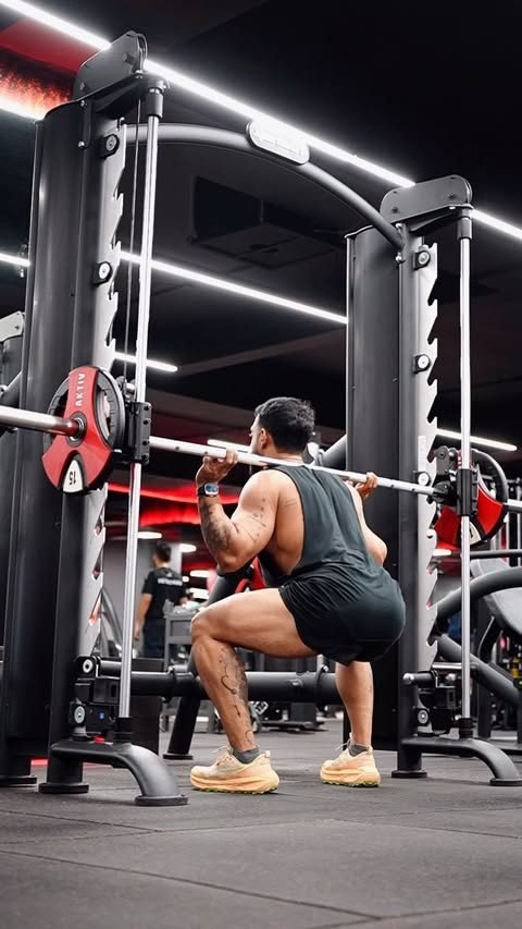 Satnaam squatting under a loaded bar in the gym