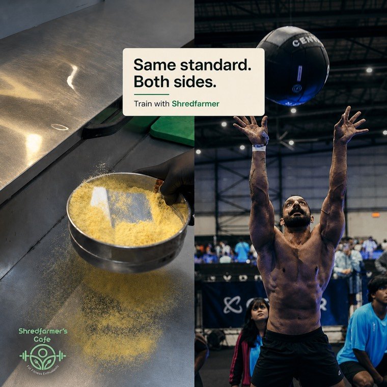 Shredfarmer kitchen portioning and coach Satnaam competing, held to the same standard