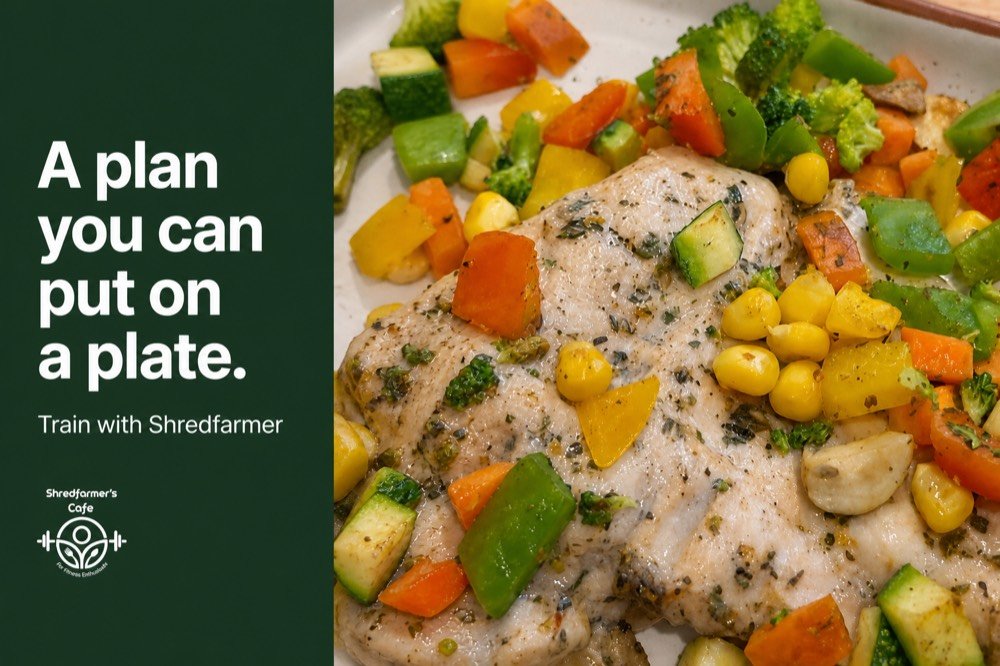 A prepared Shredfarmer meal beside the words a plan you can put on a plate